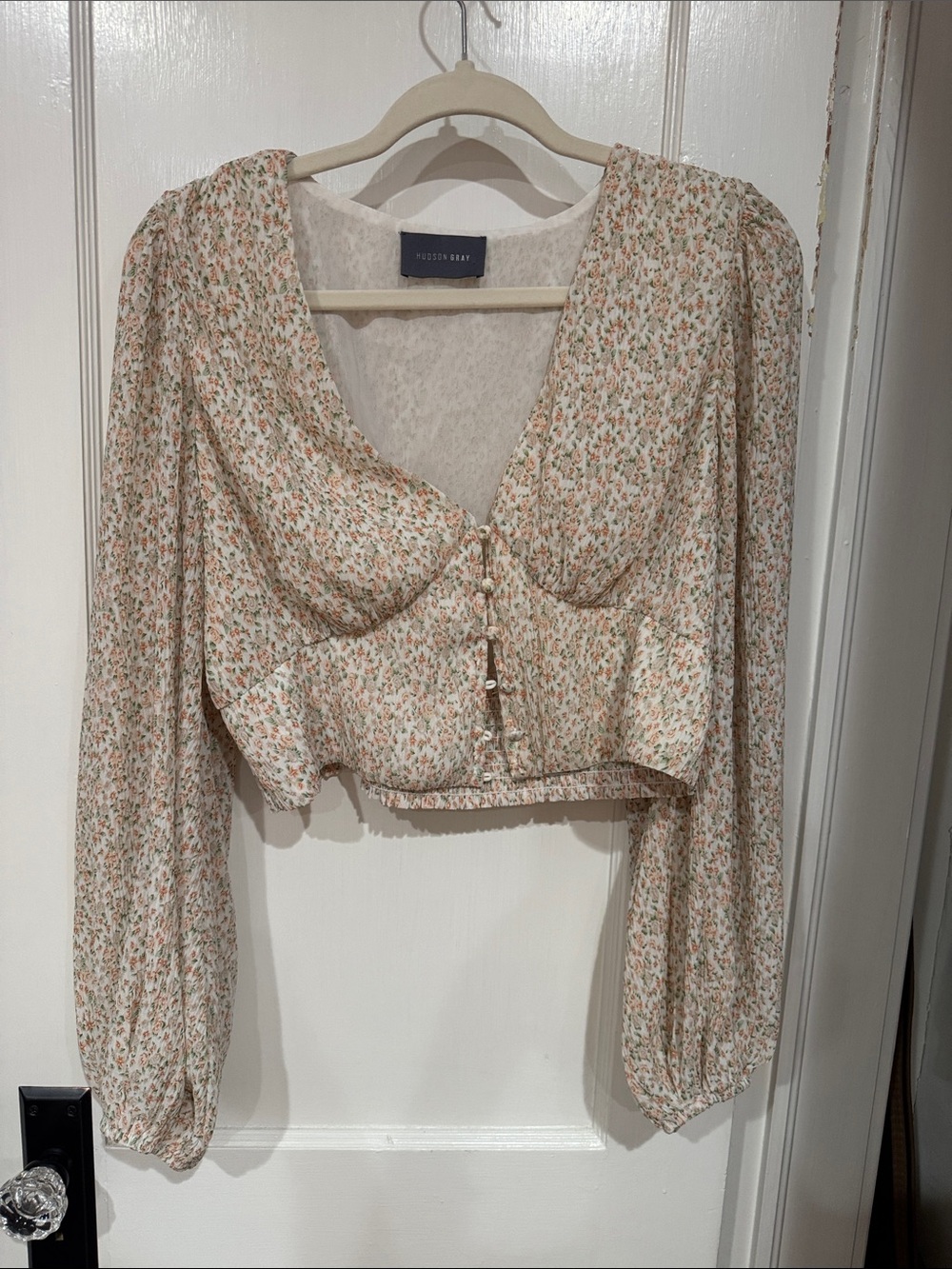 Hudson Grey L Cream Floral Puff-Sleeve Cropped Blouse